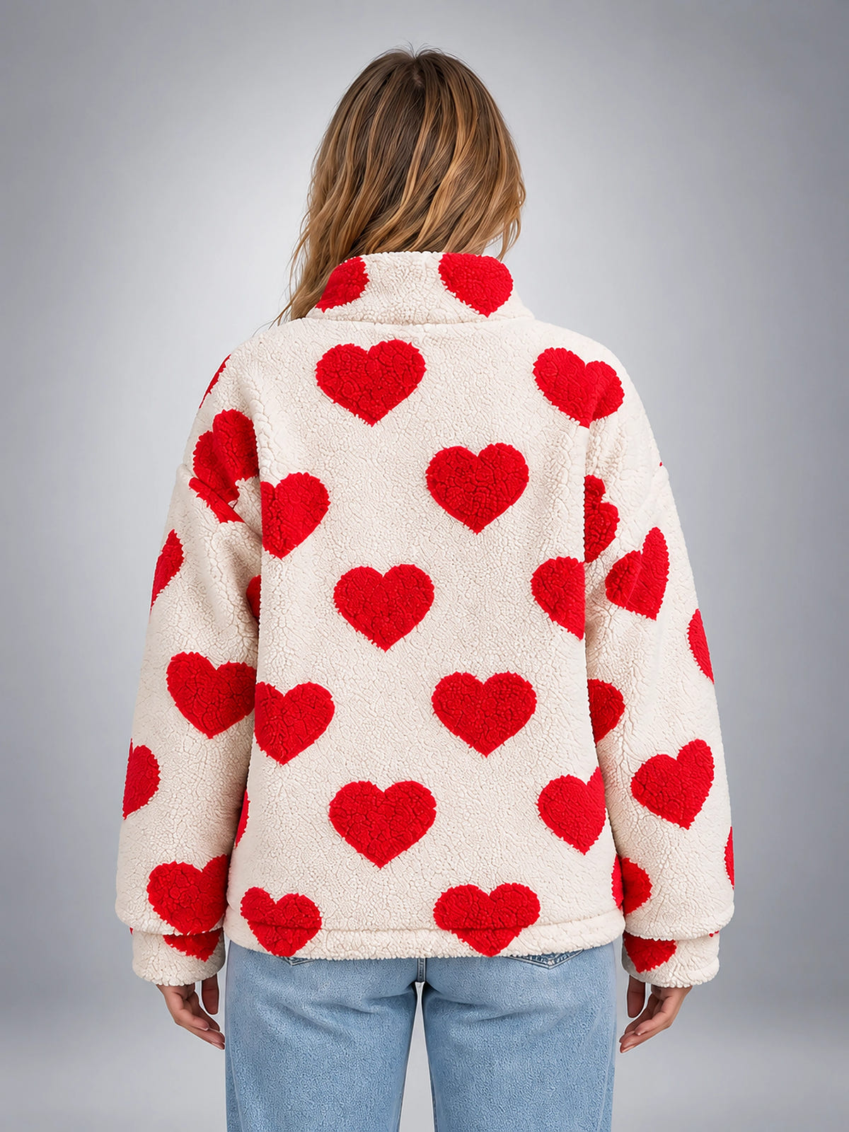 Women's Sherpa Fleece Jacket – Heart Print Full Zip - Cream/Red