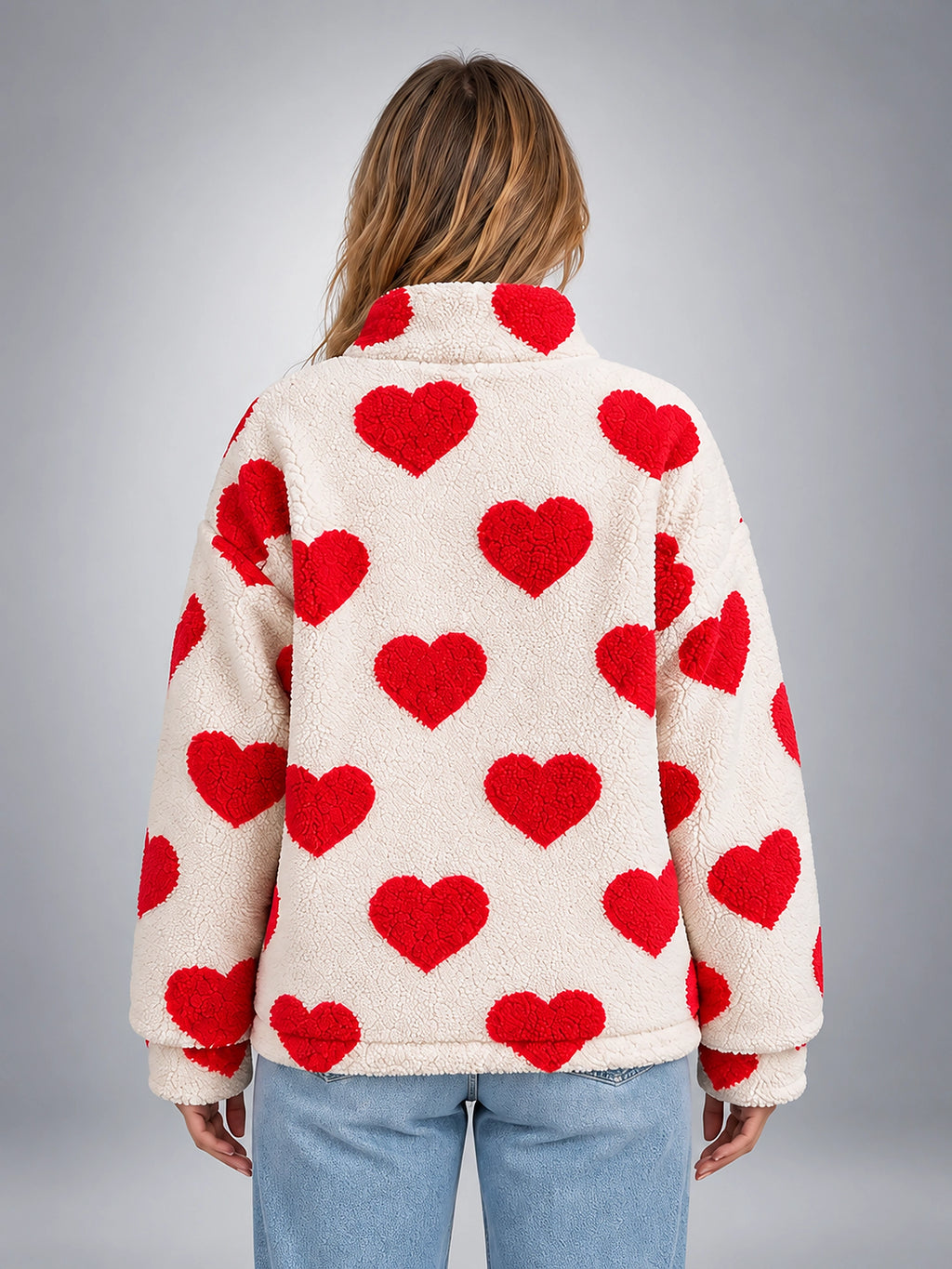 Women's Sherpa Fleece Jacket – Heart Print Full Zip - Cream/Red