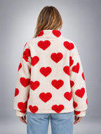 Women's Sherpa Fleece Jacket – Heart Print Full Zip - Cream/Red