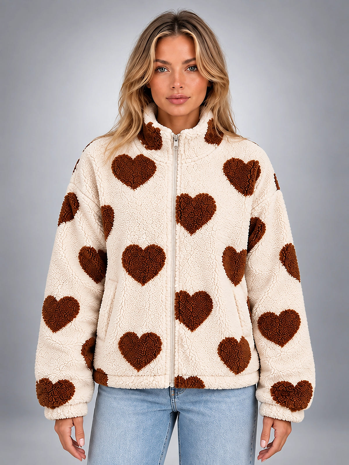 Women's Sherpa Fleece Jacket – Heart Print Full Zip - Cream/Brown