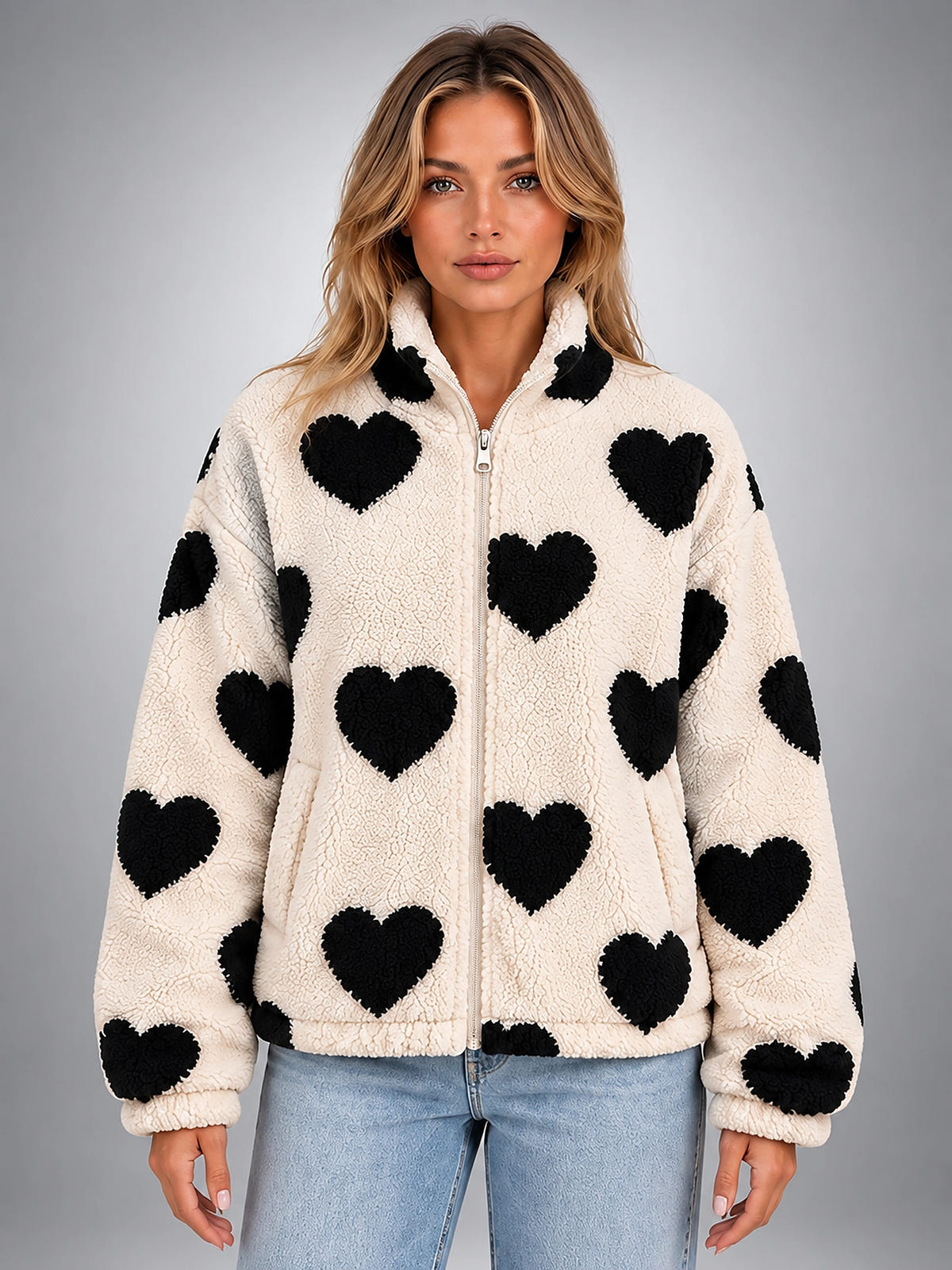 Women's Sherpa Fleece Jacket – Heart Print Full Zip - Cream/Black