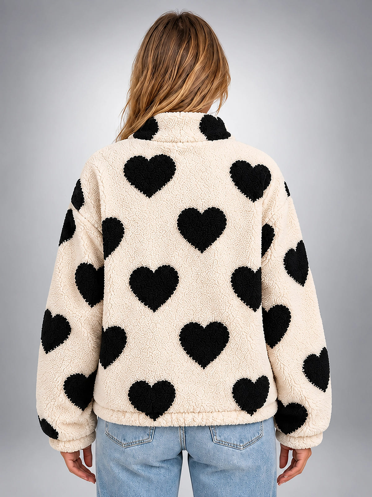Women's Sherpa Fleece Jacket – Heart Print Full Zip - Cream/Black