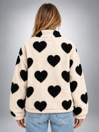 Women's Sherpa Fleece Jacket – Heart Print Full Zip - Cream/Black