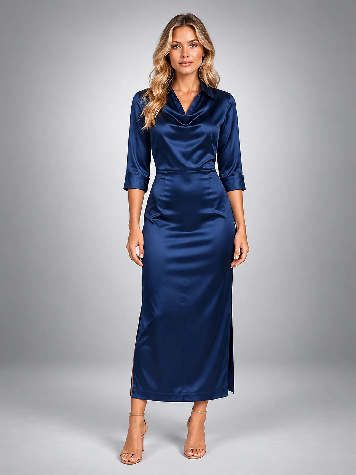 Women's Cowl Neck Midi Dress – Satin Finish - Navy
