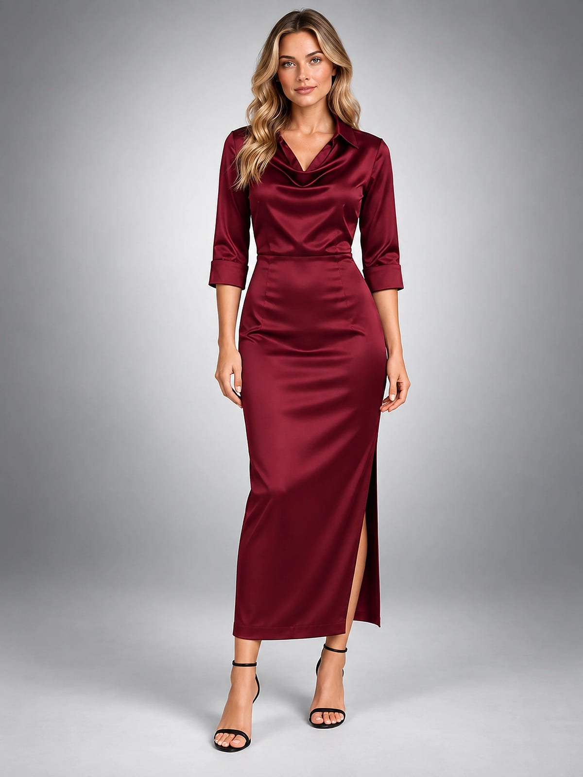 Women's Cowl Neck Midi Dress – Satin Finish - Burgundy