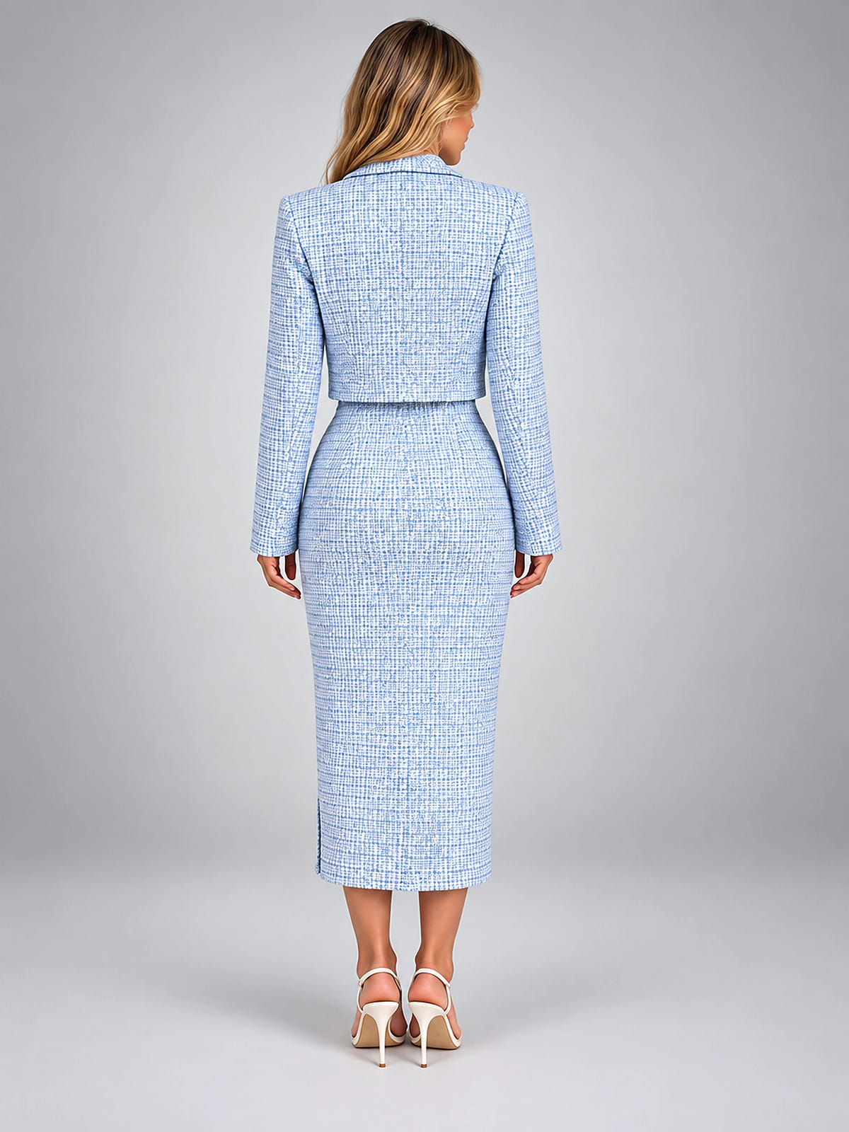 Women's Tweed Two Piece Set – Cropped Jacket and Midi Dress - Light Blue
