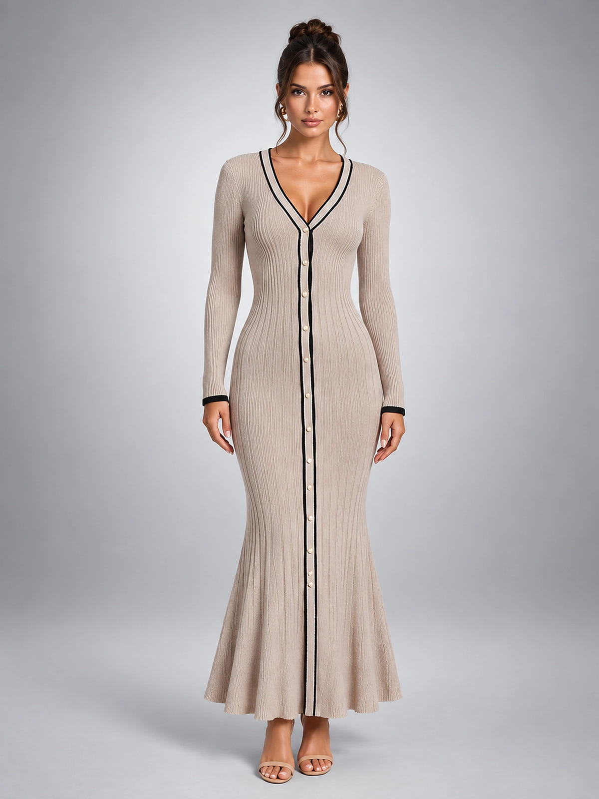 Women's Ribbed Midi Dress – Contrast Trim Button Front - Taupe
