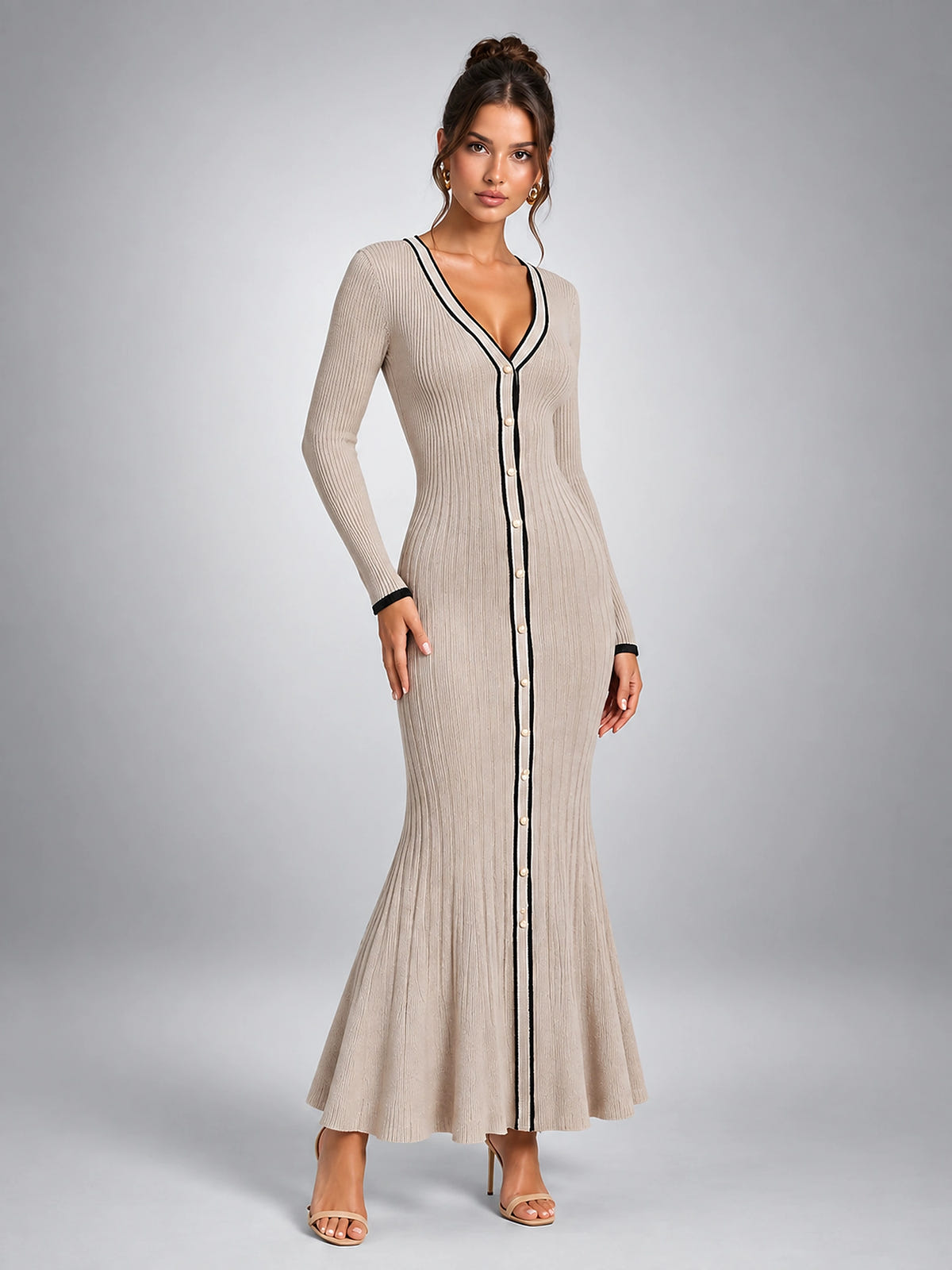 Women's Ribbed Midi Dress – Contrast Trim Button Front - Taupe