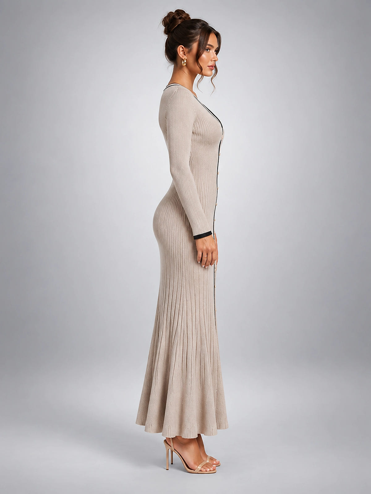 Women's Ribbed Midi Dress – Contrast Trim Button Front - Taupe