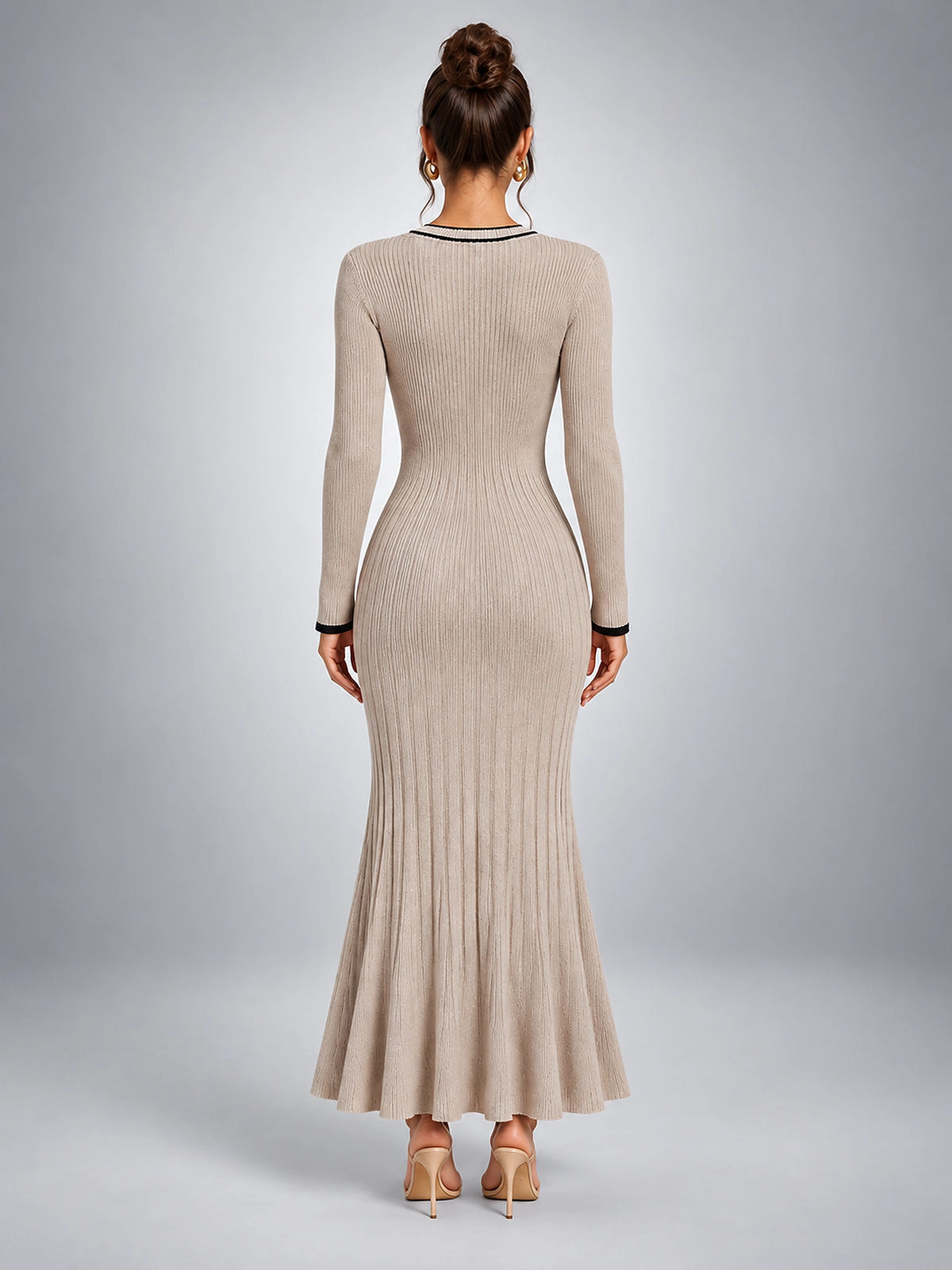 Women's Ribbed Midi Dress – Contrast Trim Button Front - Taupe
