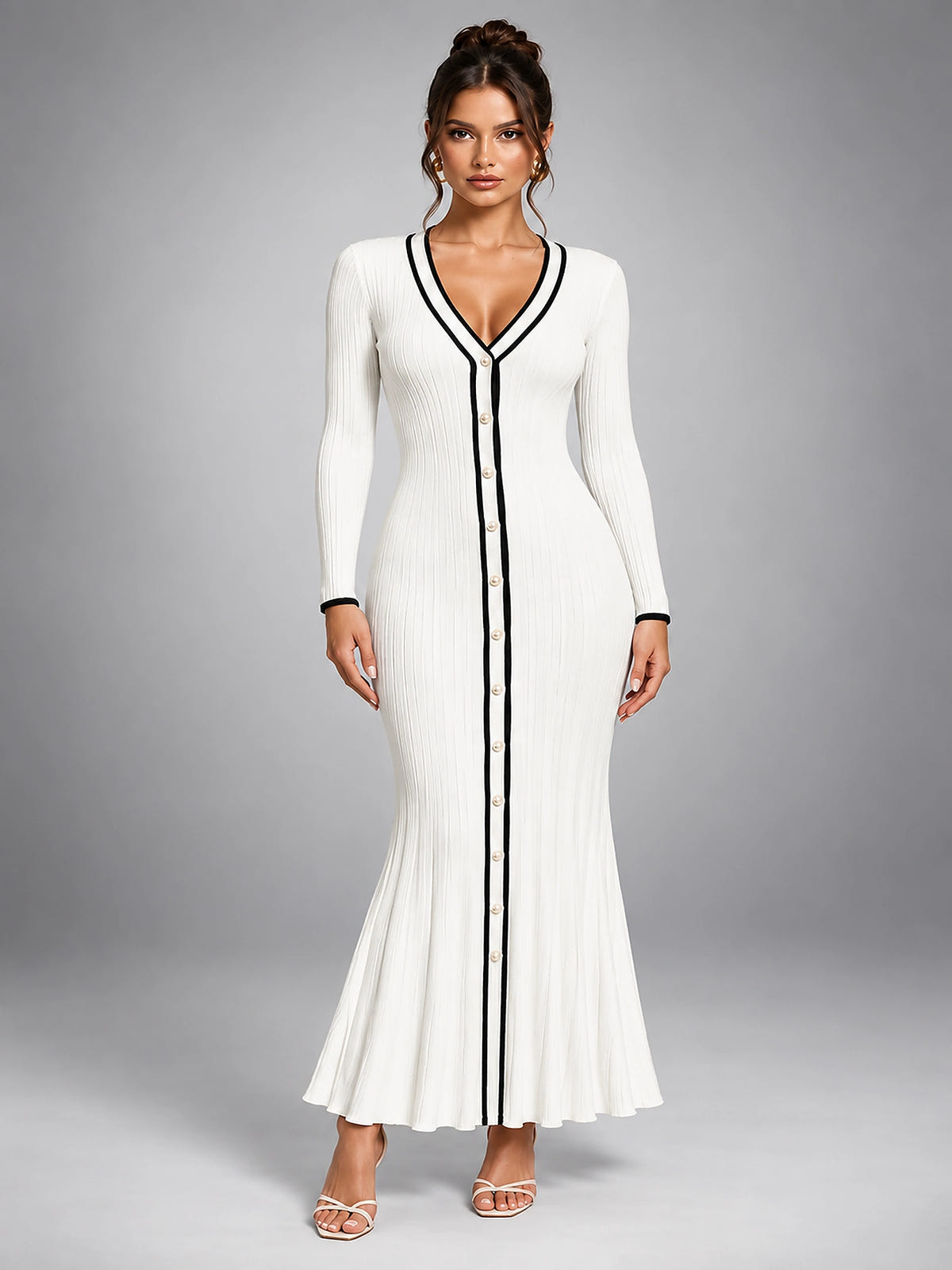 Women's Ribbed Midi Dress – Contrast Trim Button Front - Ivory
