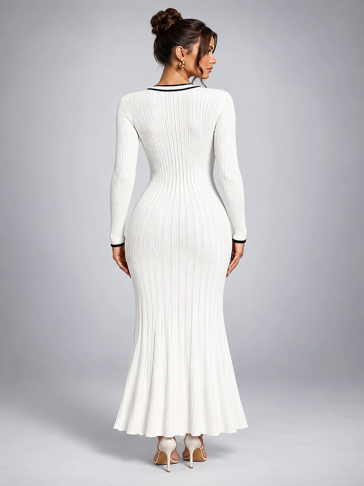 Women's Ribbed Midi Dress – Contrast Trim Button Front - Ivory