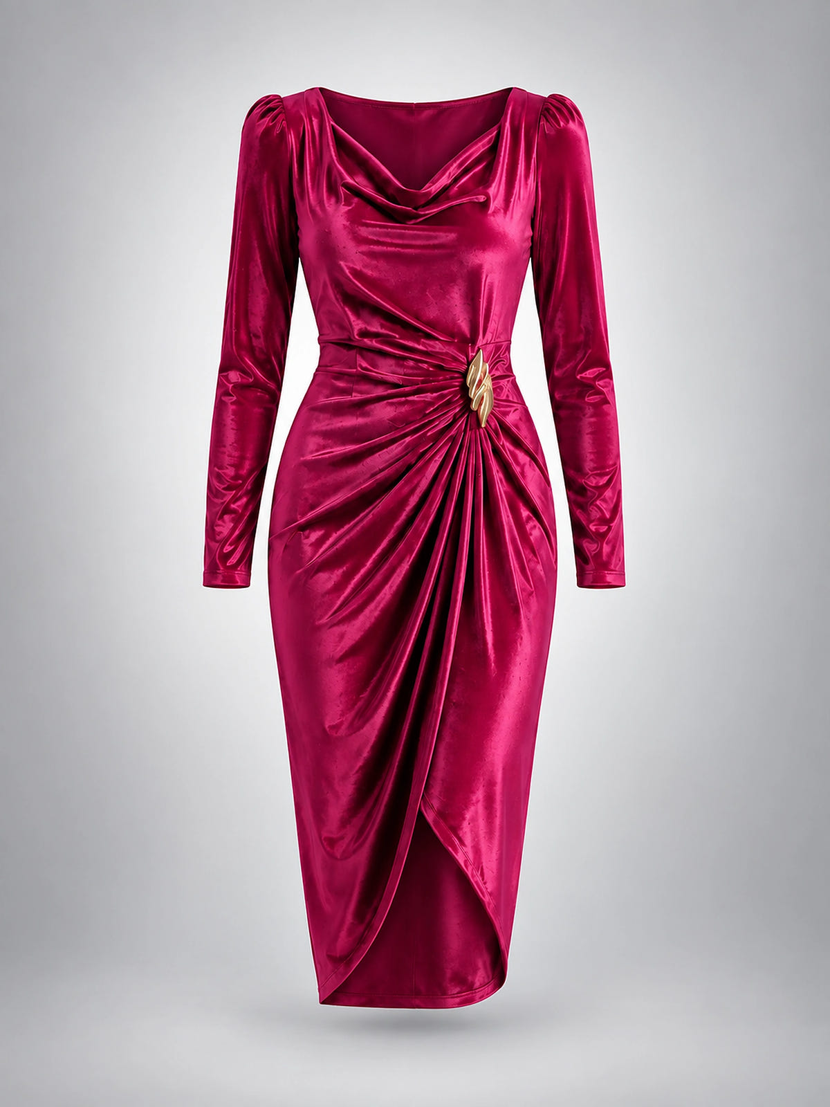Women's Velvet Midi Dress – Gathered Drape with Leaf Brooch - Magenta