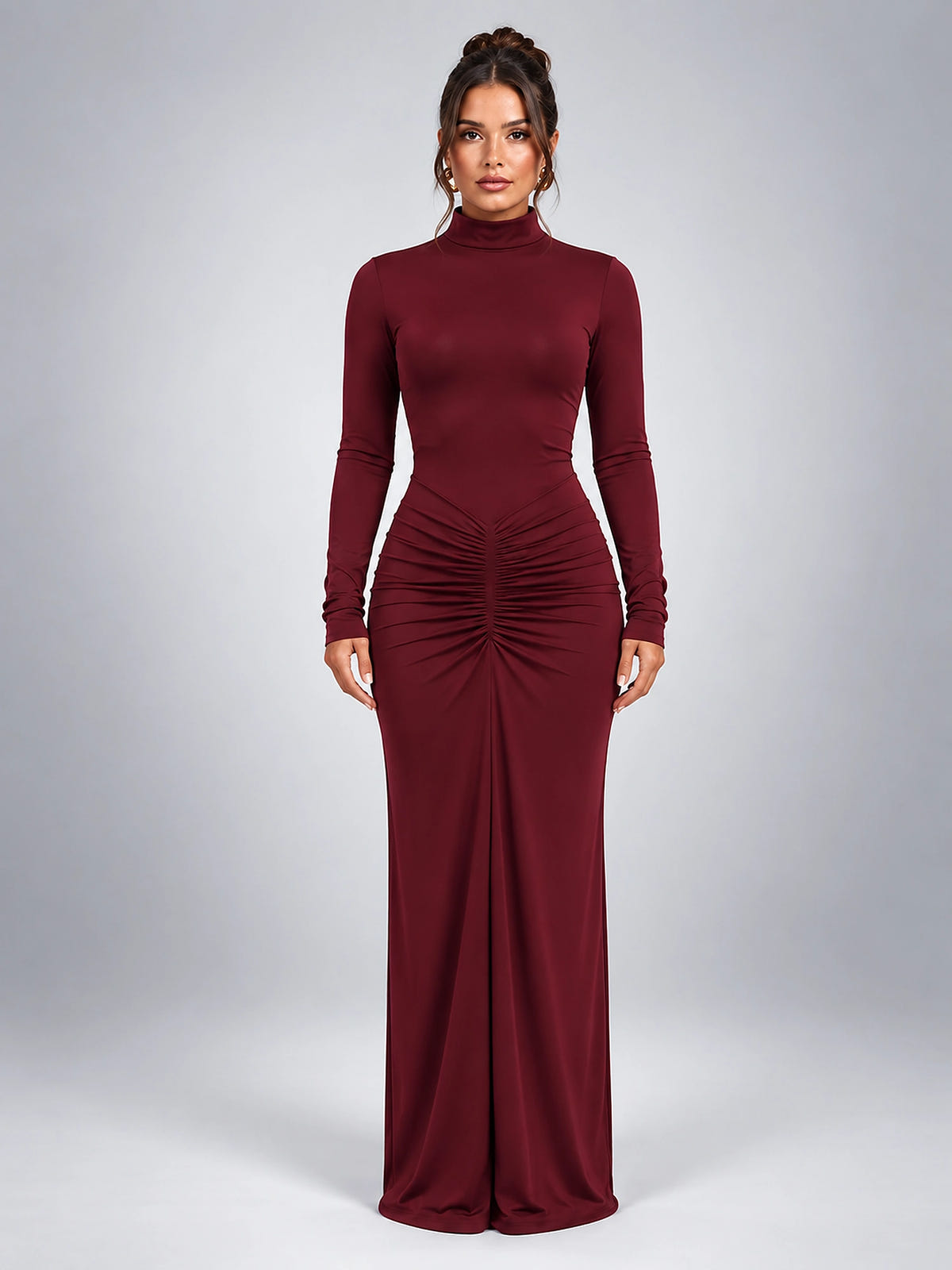 Women's Turtleneck Maxi Dress – Ruched Body Long Sleeve - Burgundy