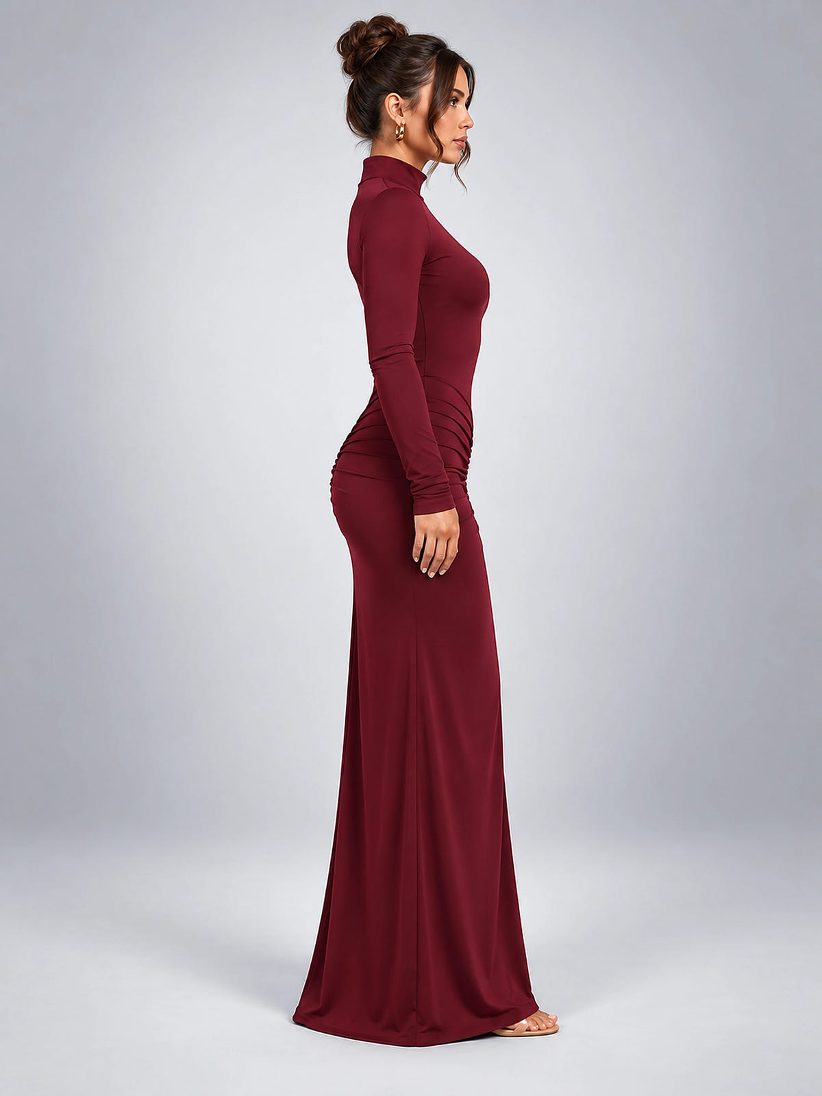 Women's Turtleneck Maxi Dress – Ruched Body Long Sleeve - Burgundy