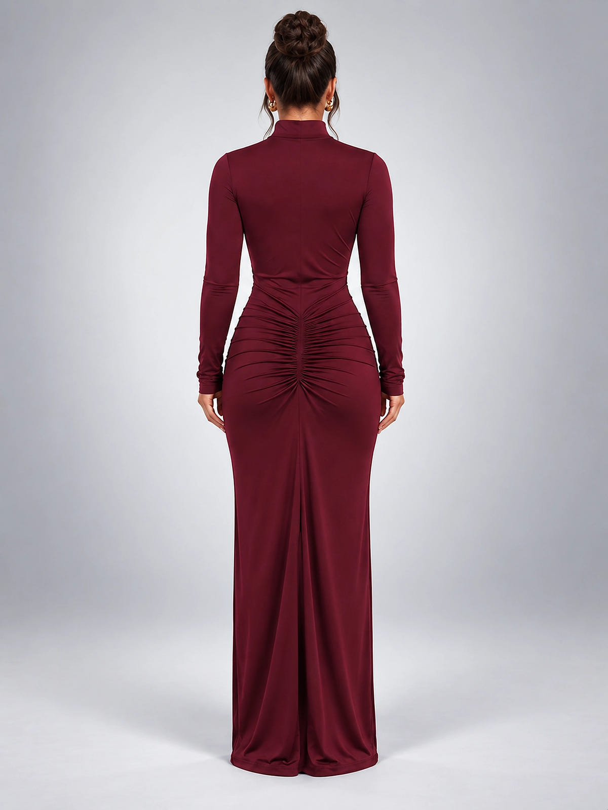 Women's Turtleneck Maxi Dress – Ruched Body Long Sleeve - Burgundy