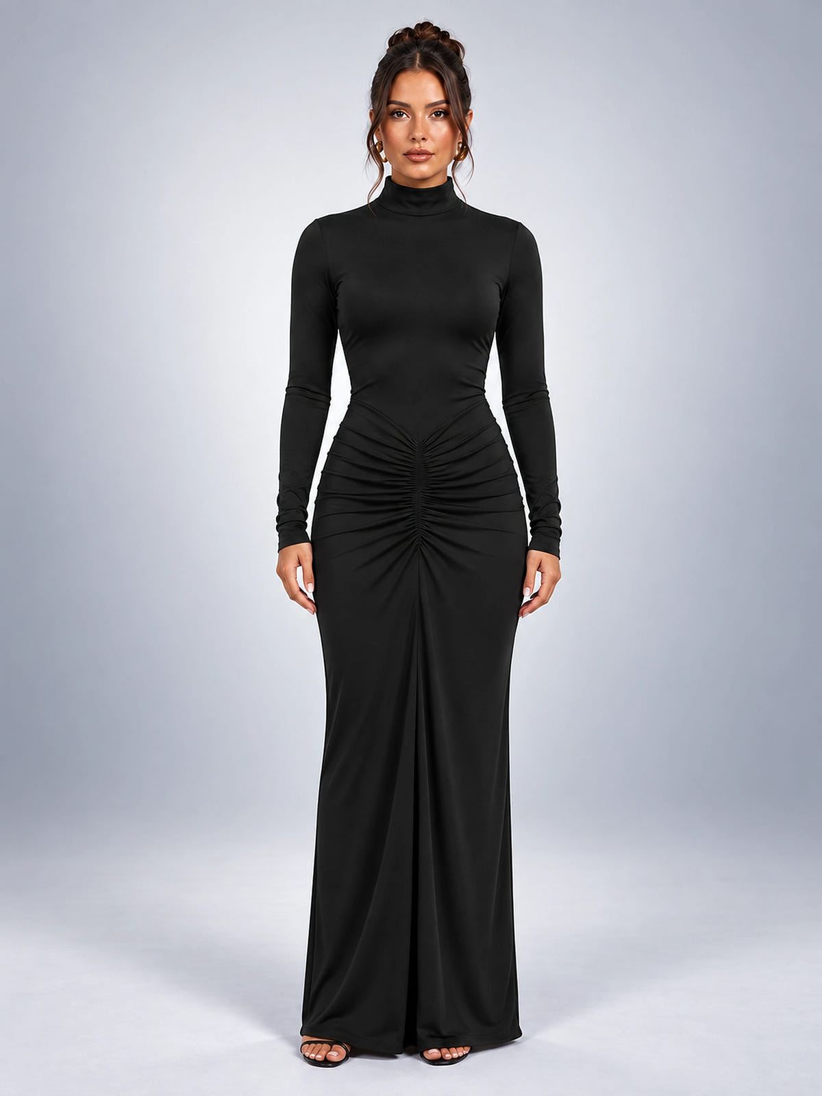 Women's Turtleneck Maxi Dress – Ruched Body Long Sleeve - Black