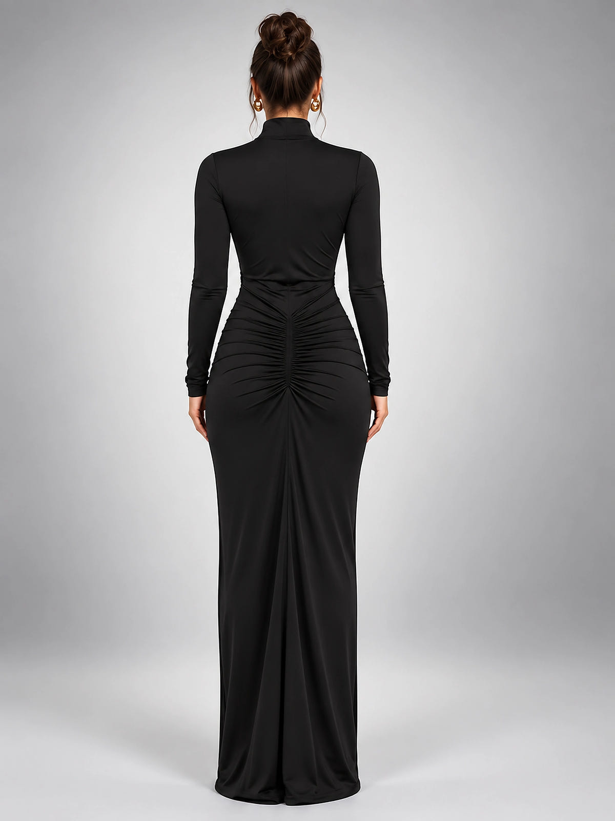 Women's Turtleneck Maxi Dress – Ruched Body Long Sleeve - Black