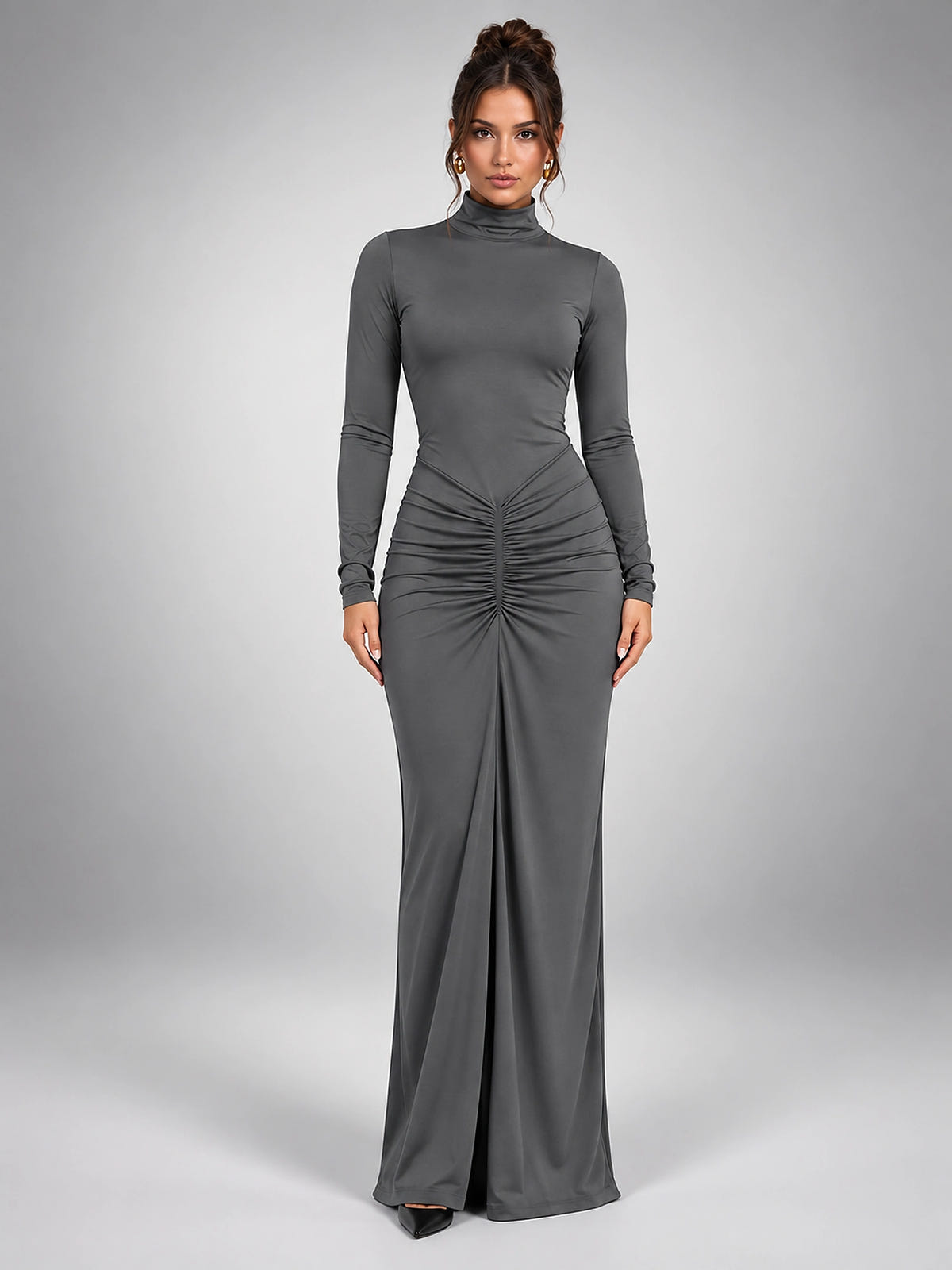 Women's Turtleneck Maxi Dress – Ruched Body Long Sleeve - Charcoal Gray