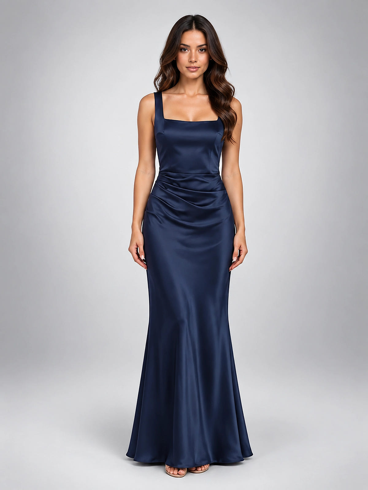 Women's Square Neck Evening Gown – Satin with Corset Lacing - Navy