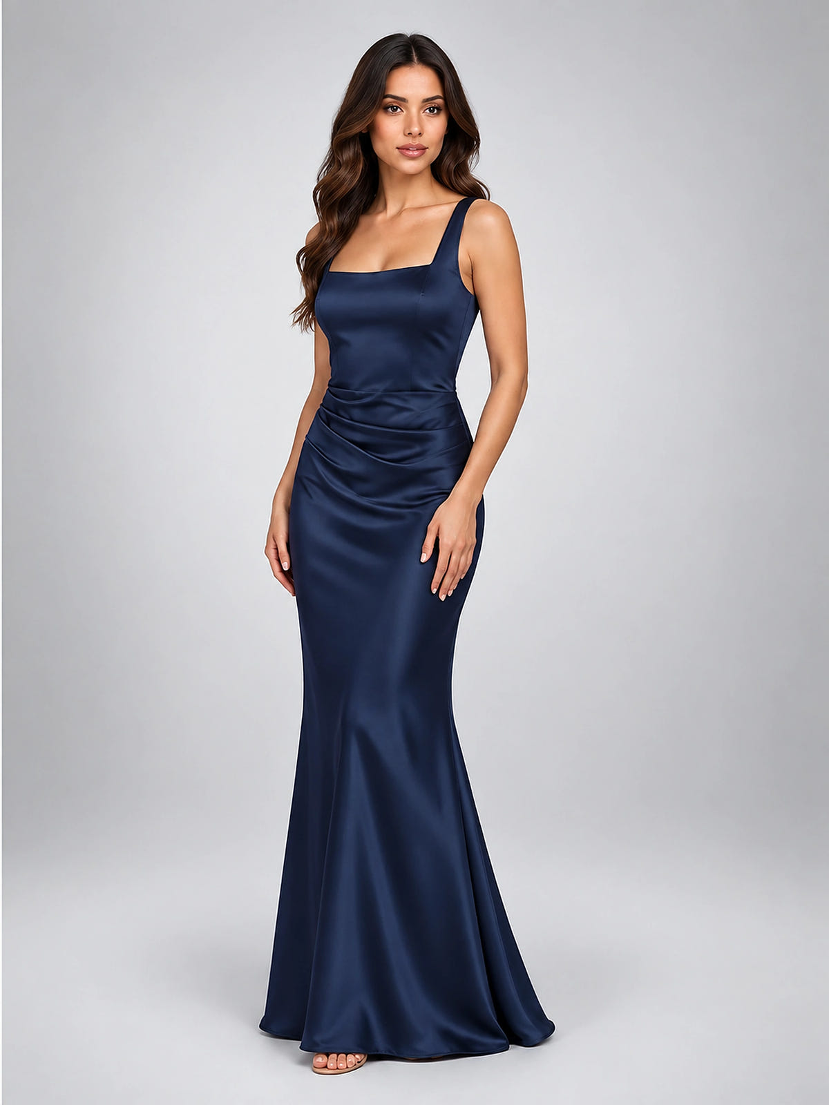 Women's Square Neck Evening Gown – Satin with Corset Lacing - Navy