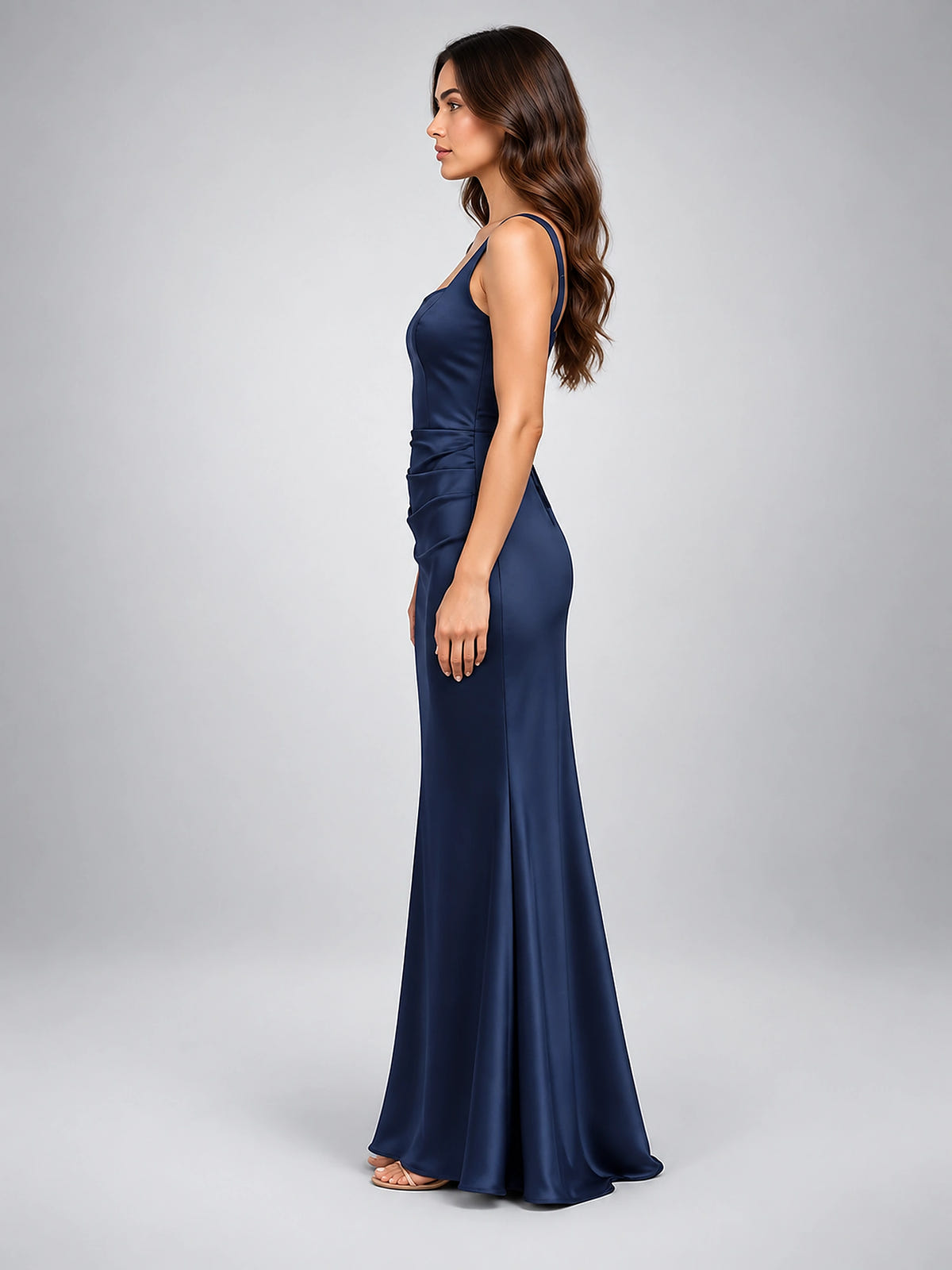 Women's Square Neck Evening Gown – Satin with Corset Lacing - Navy