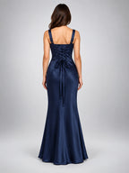 Women's Square Neck Evening Gown – Satin with Corset Lacing - Navy