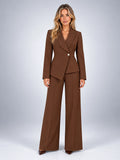 Women's Wide Leg Pant Suit – Single Button Jacket - Chocolate Brown