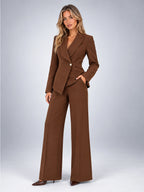 Women's Wide Leg Pant Suit – Single Button Jacket - Chocolate Brown