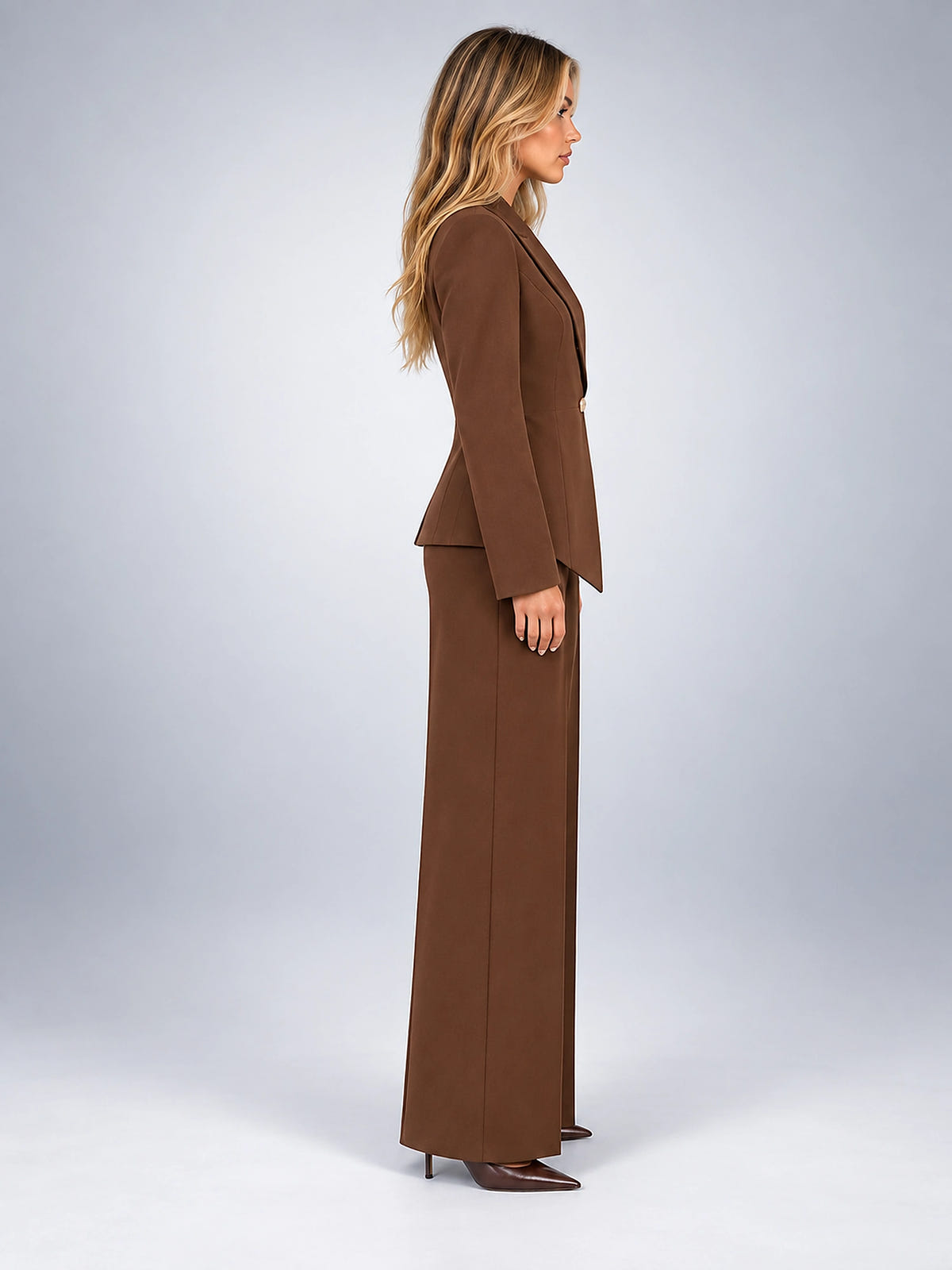 Women's Wide Leg Pant Suit – Single Button Jacket - Chocolate Brown