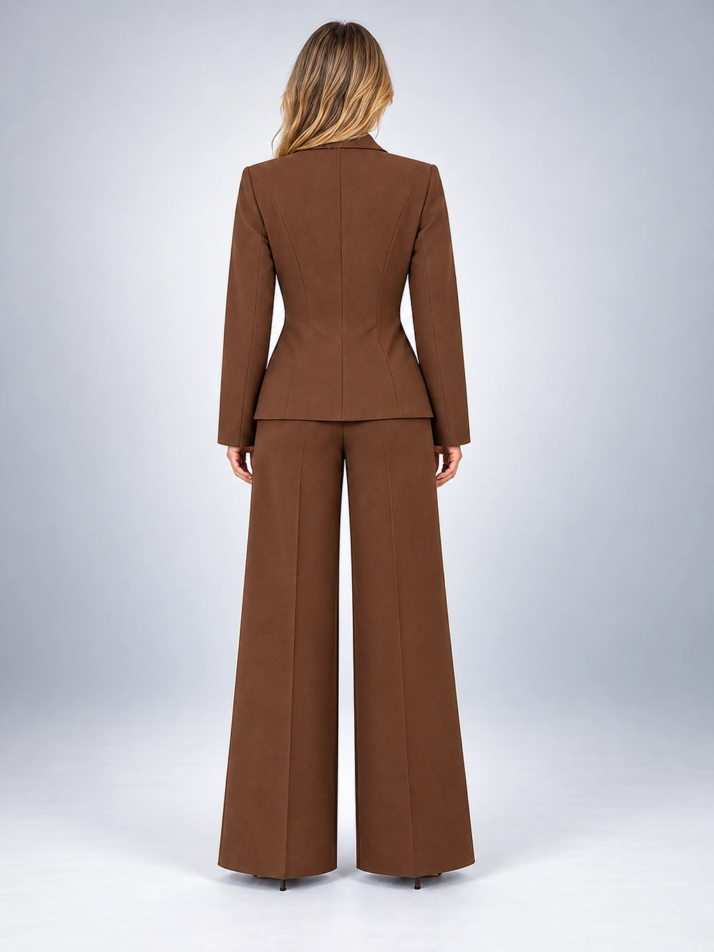 Women's Wide Leg Pant Suit – Single Button Jacket - Chocolate Brown