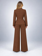 Women's Wide Leg Pant Suit – Single Button Jacket - Chocolate Brown