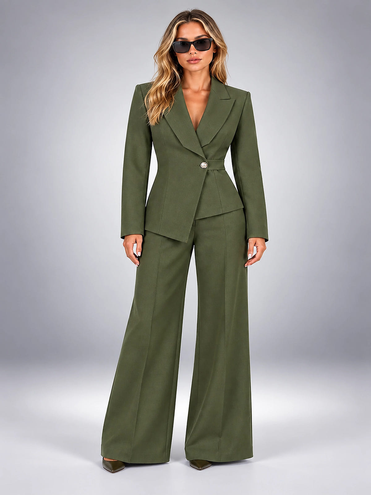 Women's Wide Leg Pant Suit – Single Button Jacket - Olive