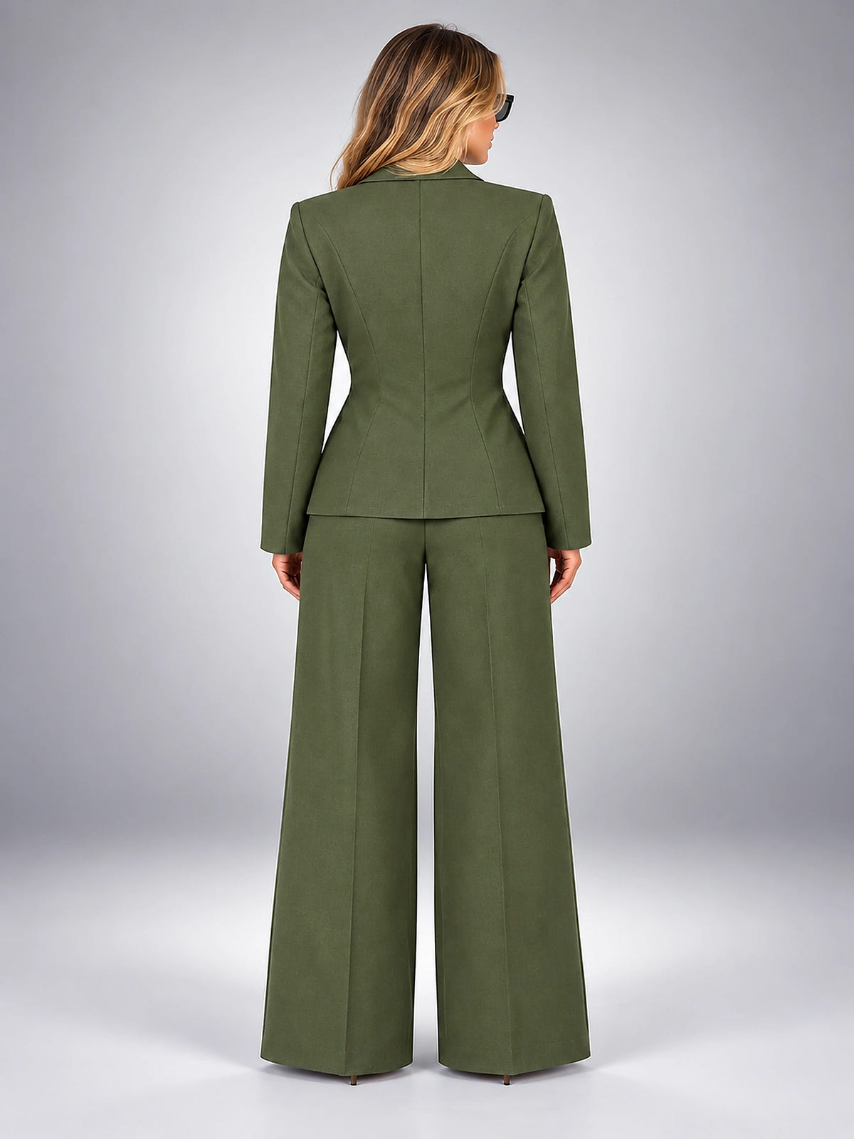 Women's Wide Leg Pant Suit – Single Button Jacket - Olive