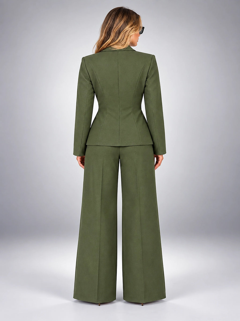 Women's Wide Leg Pant Suit – Single Button Jacket - Olive