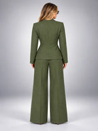 Women's Wide Leg Pant Suit – Single Button Jacket - Olive
