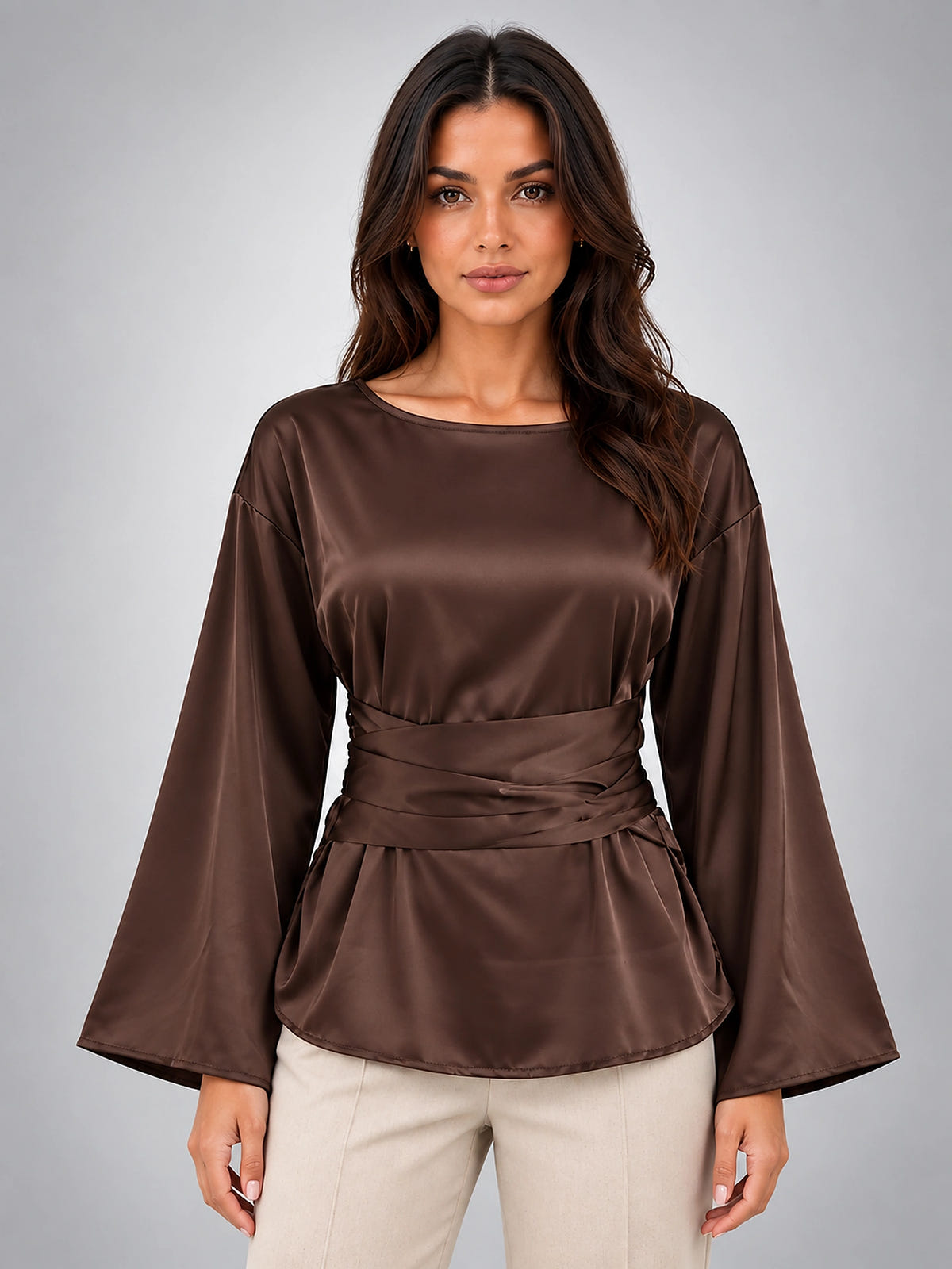 Women's Tie Waist Blouse – Satin Finish - Chocolate Brown