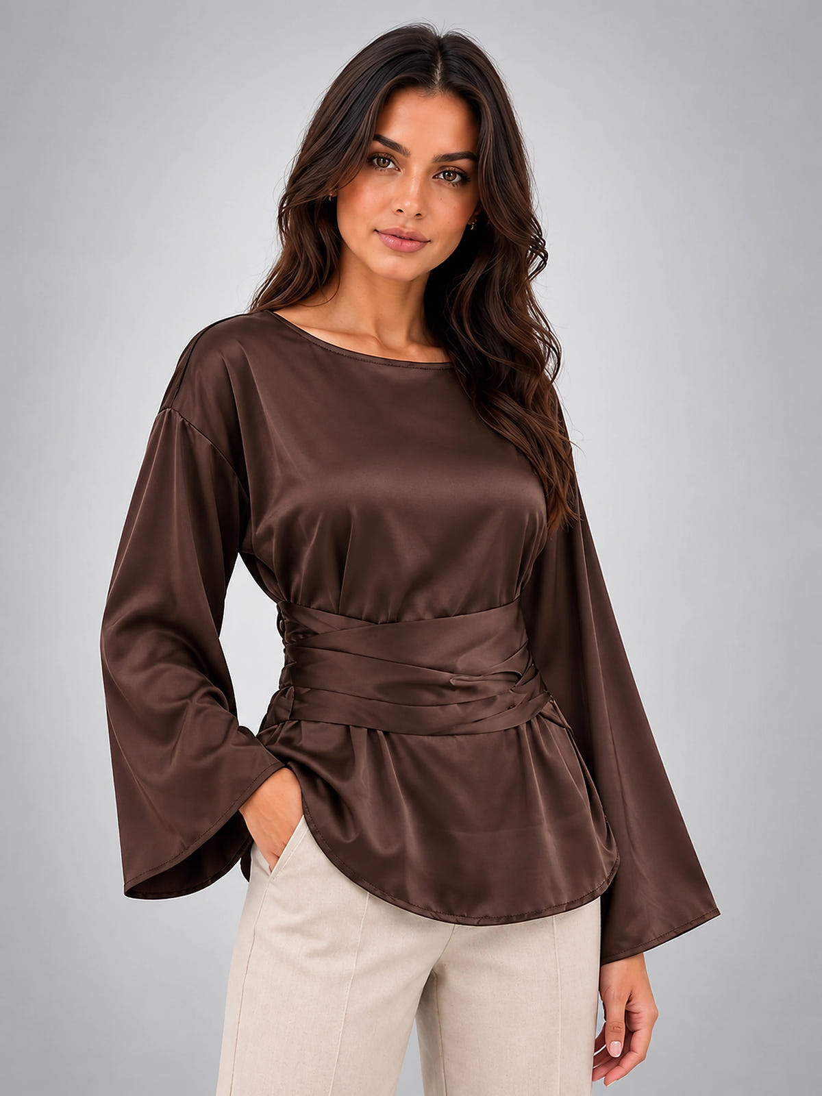 Women's Tie Waist Blouse – Satin Finish - Chocolate Brown