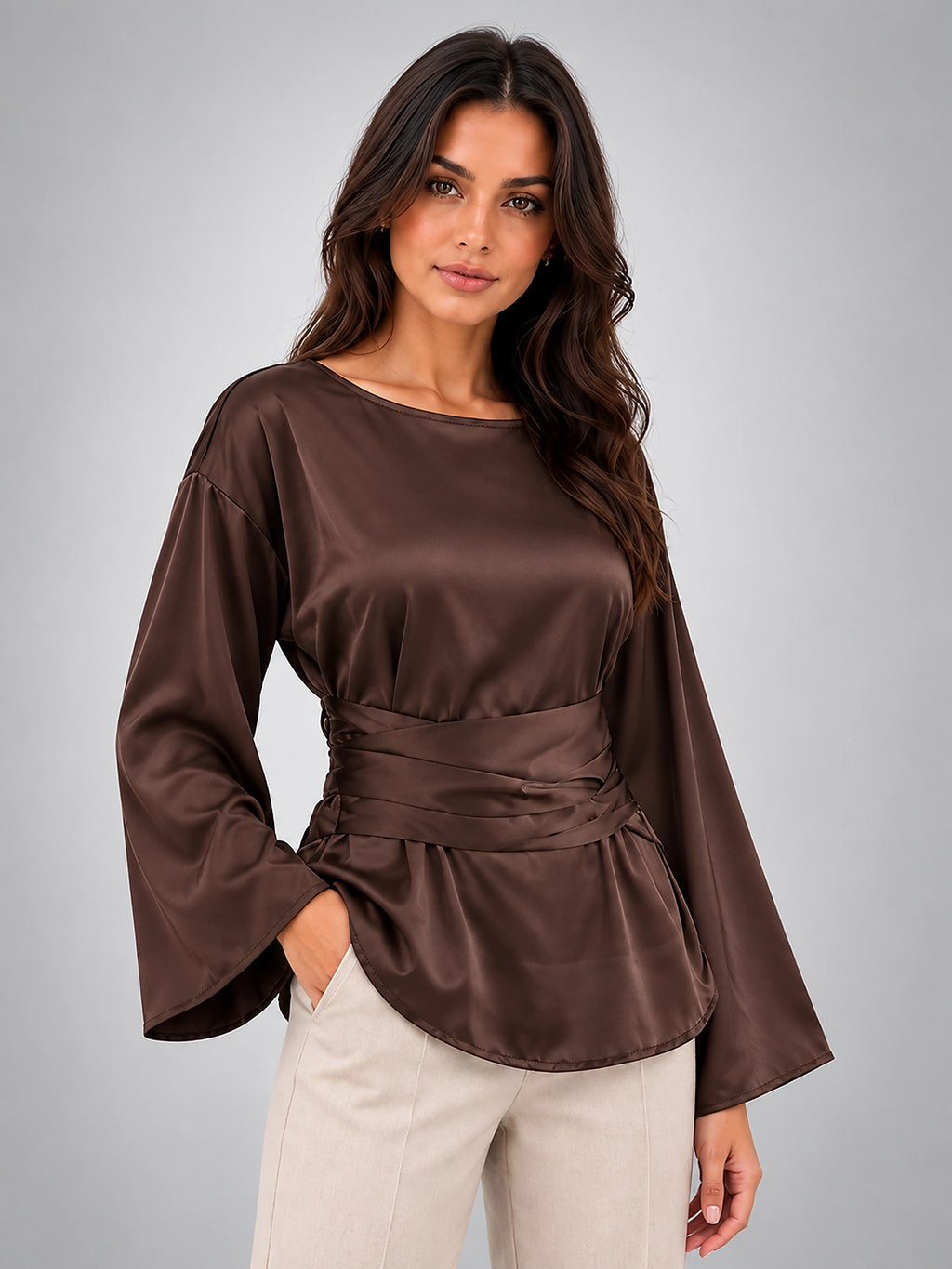 Women's Tie Waist Blouse – Satin Finish - Chocolate Brown
