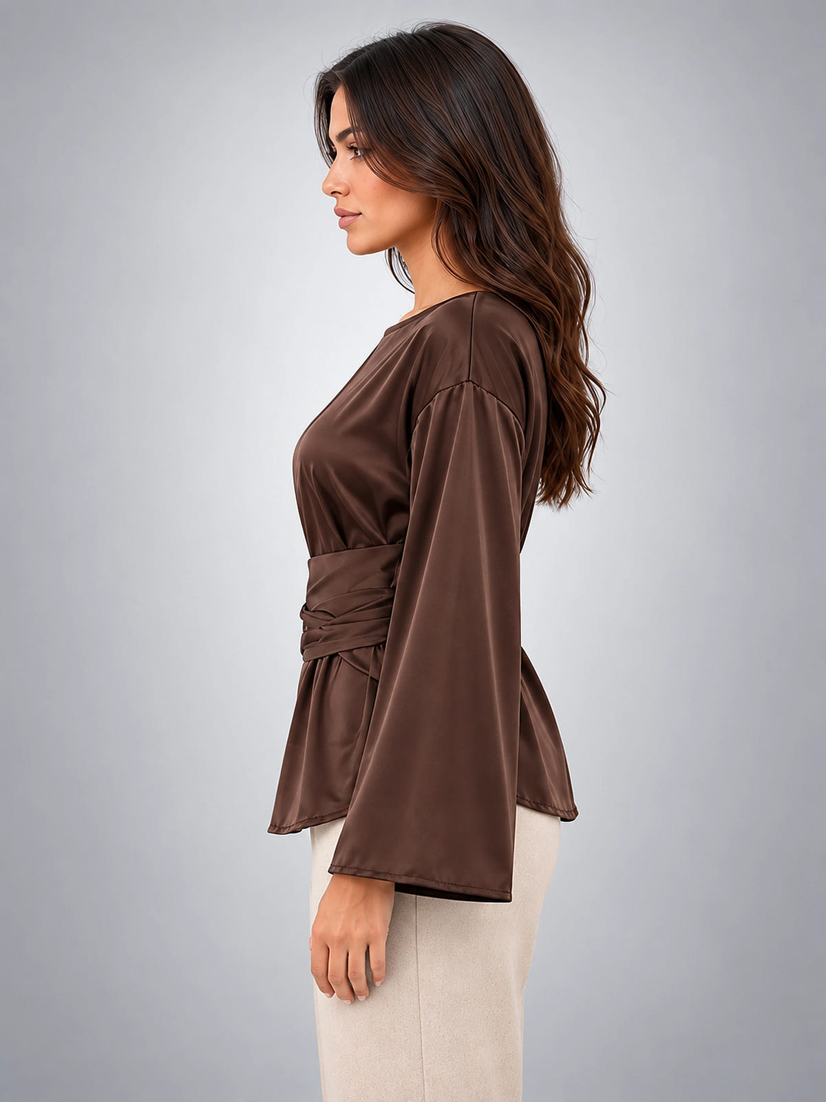 Women's Tie Waist Blouse – Satin Finish - Chocolate Brown