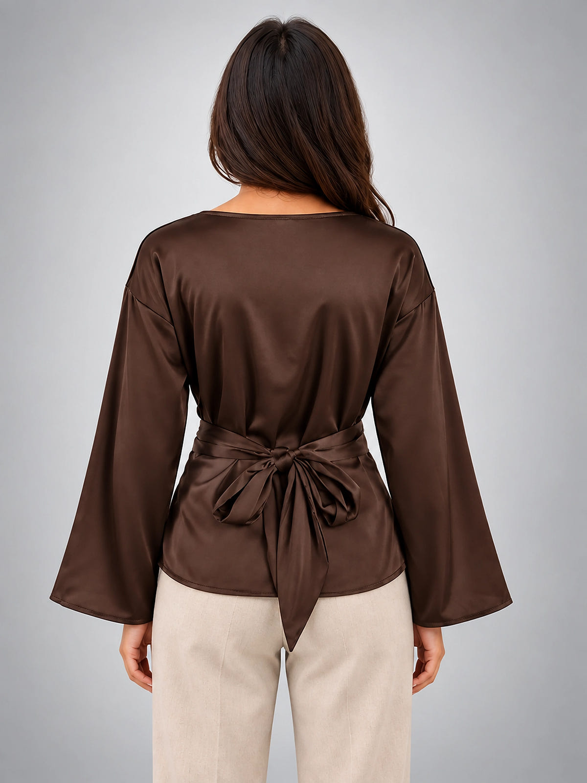 Women's Tie Waist Blouse – Satin Finish - Chocolate Brown