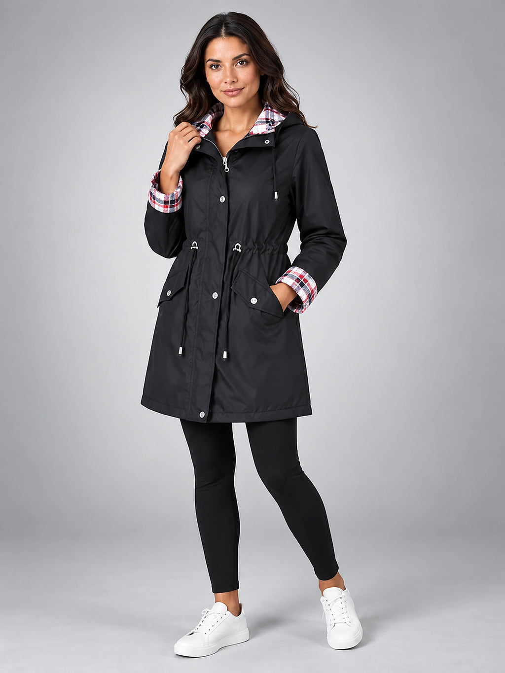 Women's Hooded Rain Jacket – Plaid Trim - Black