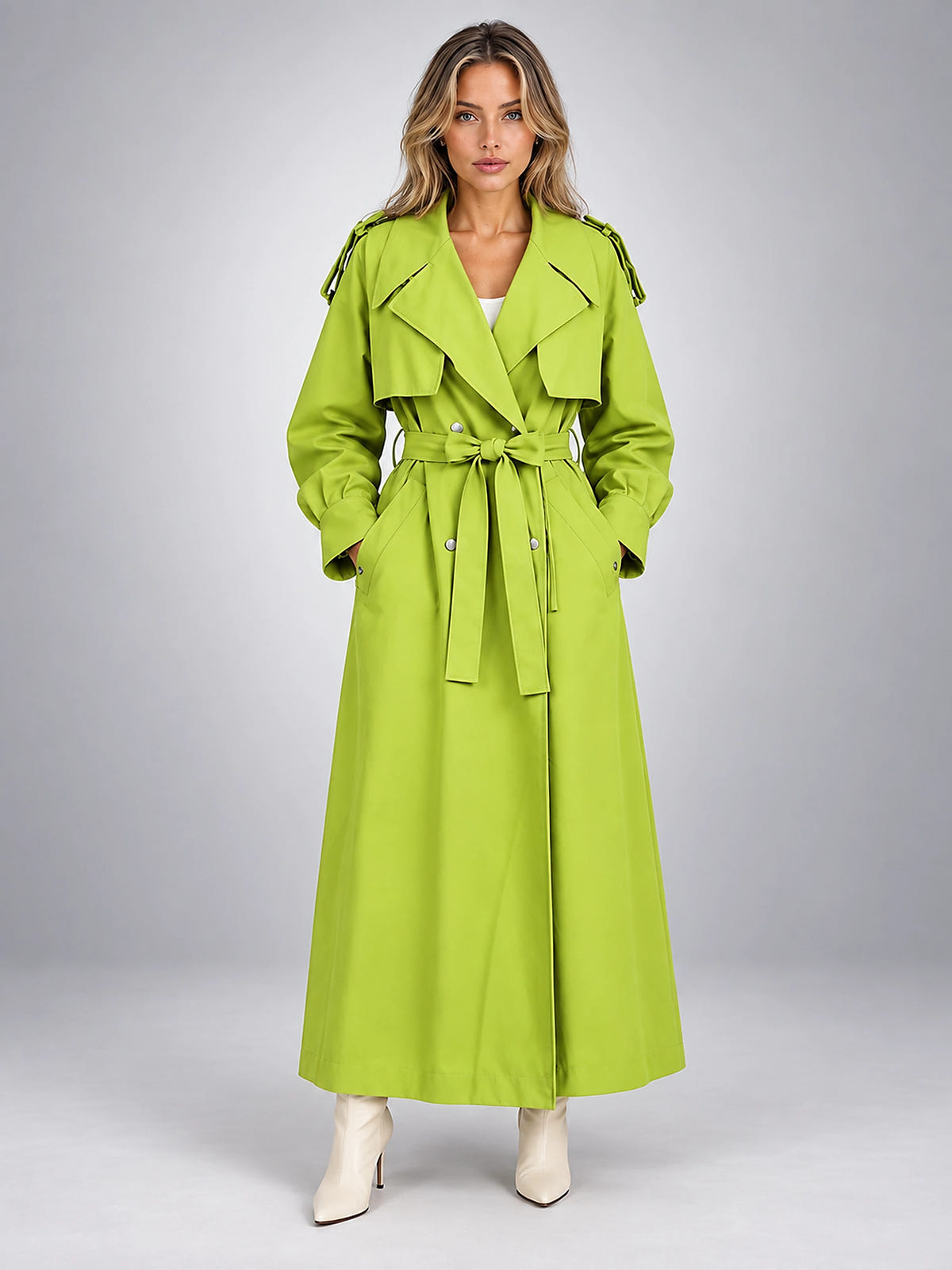 Women's Longline Trench Coat – Belted Waist - Lime Green