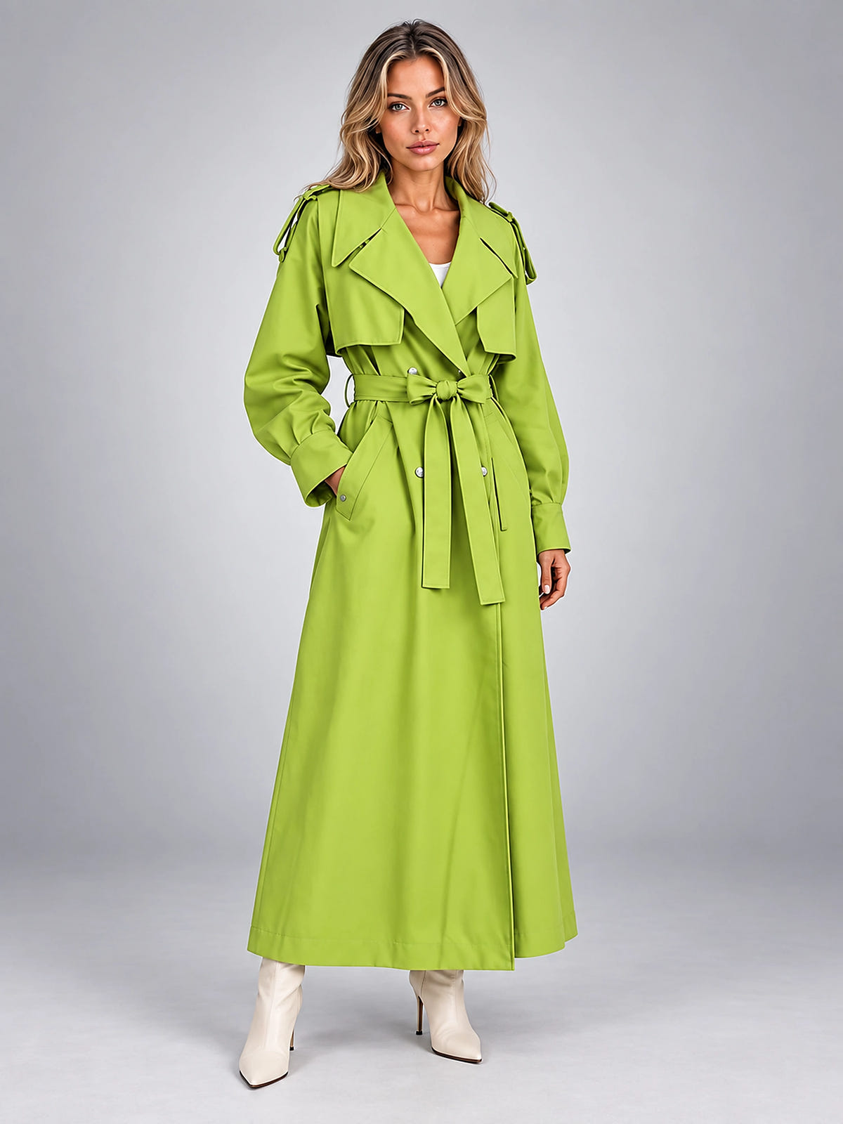 Women's Longline Trench Coat – Belted Waist - Lime Green
