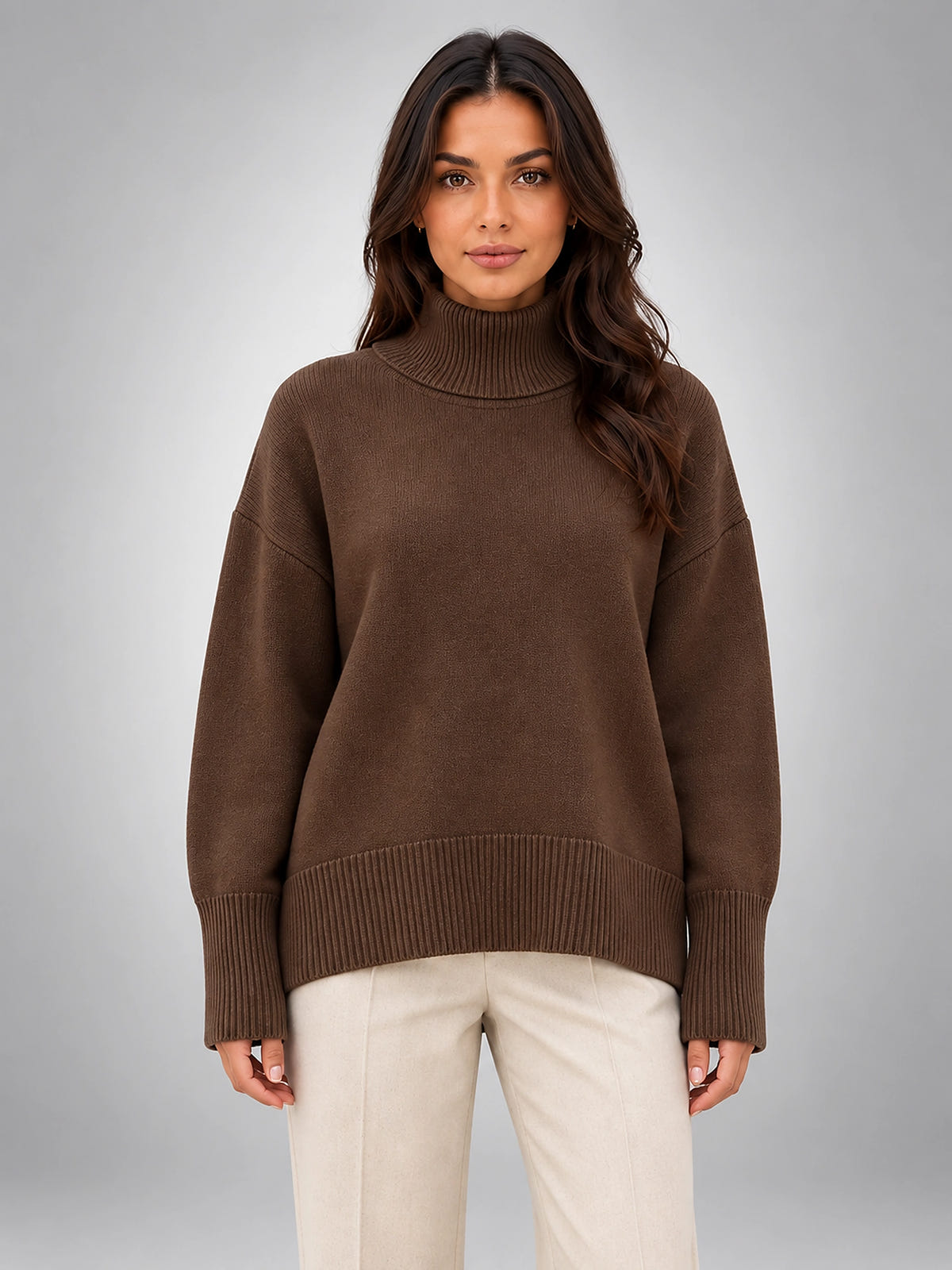 Women's Oversized Turtleneck Sweater – Relaxed Layering Knit - Coffee