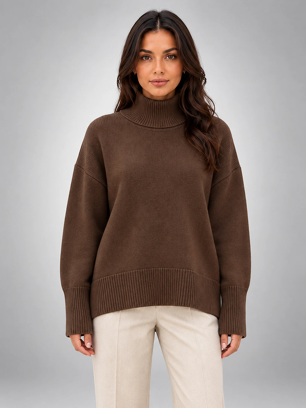 Women's Oversized Turtleneck Sweater – Relaxed Layering Knit - Coffee