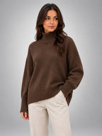 Women's Oversized Turtleneck Sweater – Relaxed Layering Knit - Coffee