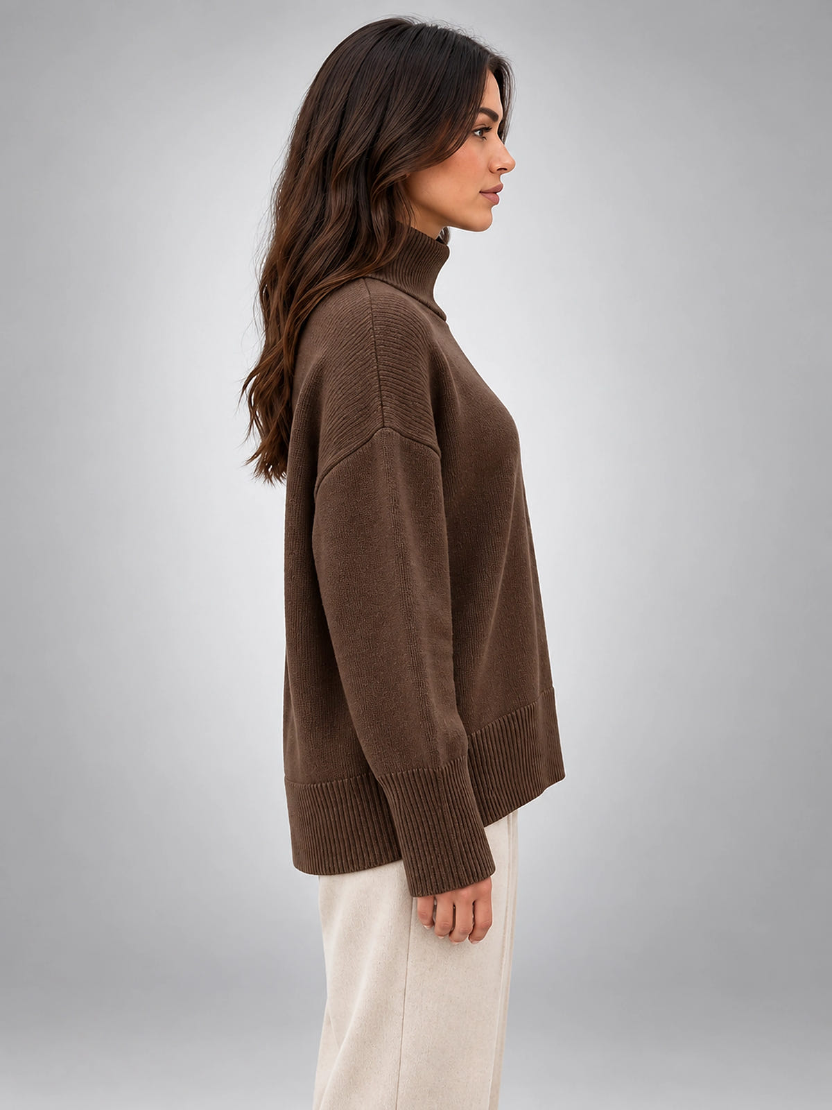 Women's Oversized Turtleneck Sweater – Relaxed Layering Knit - Coffee