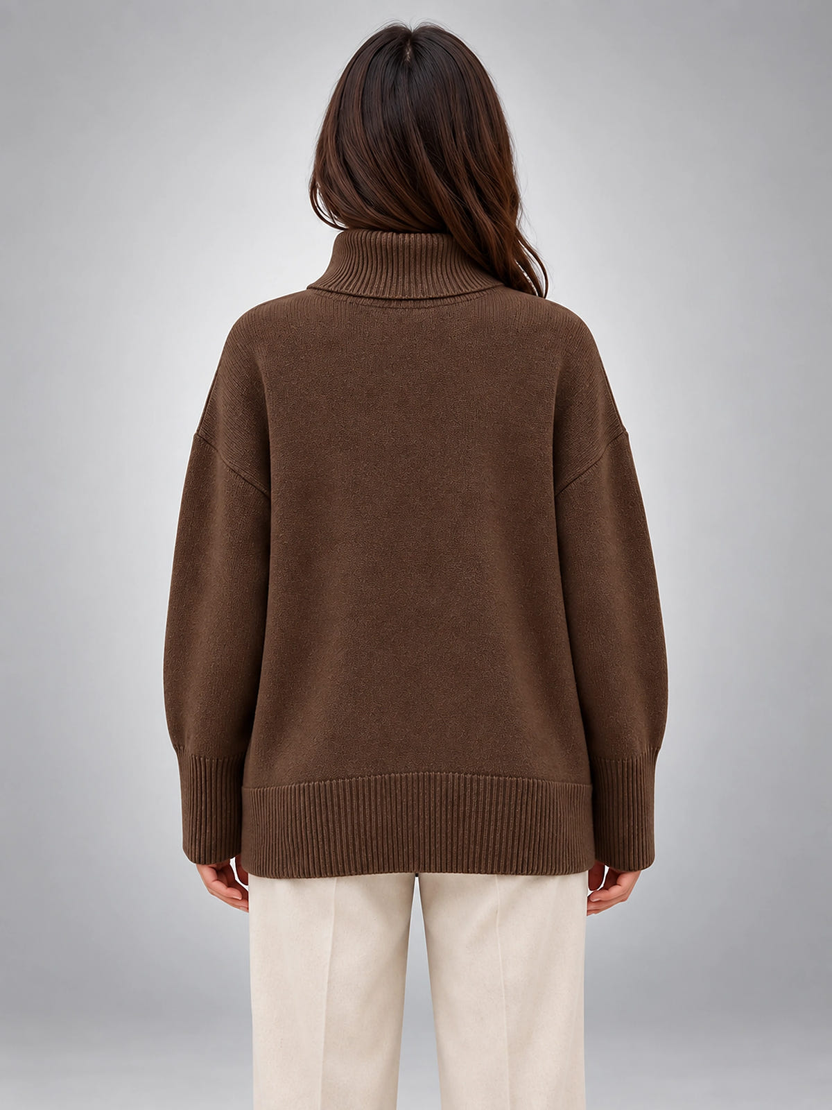 Women's Oversized Turtleneck Sweater – Relaxed Layering Knit - Coffee