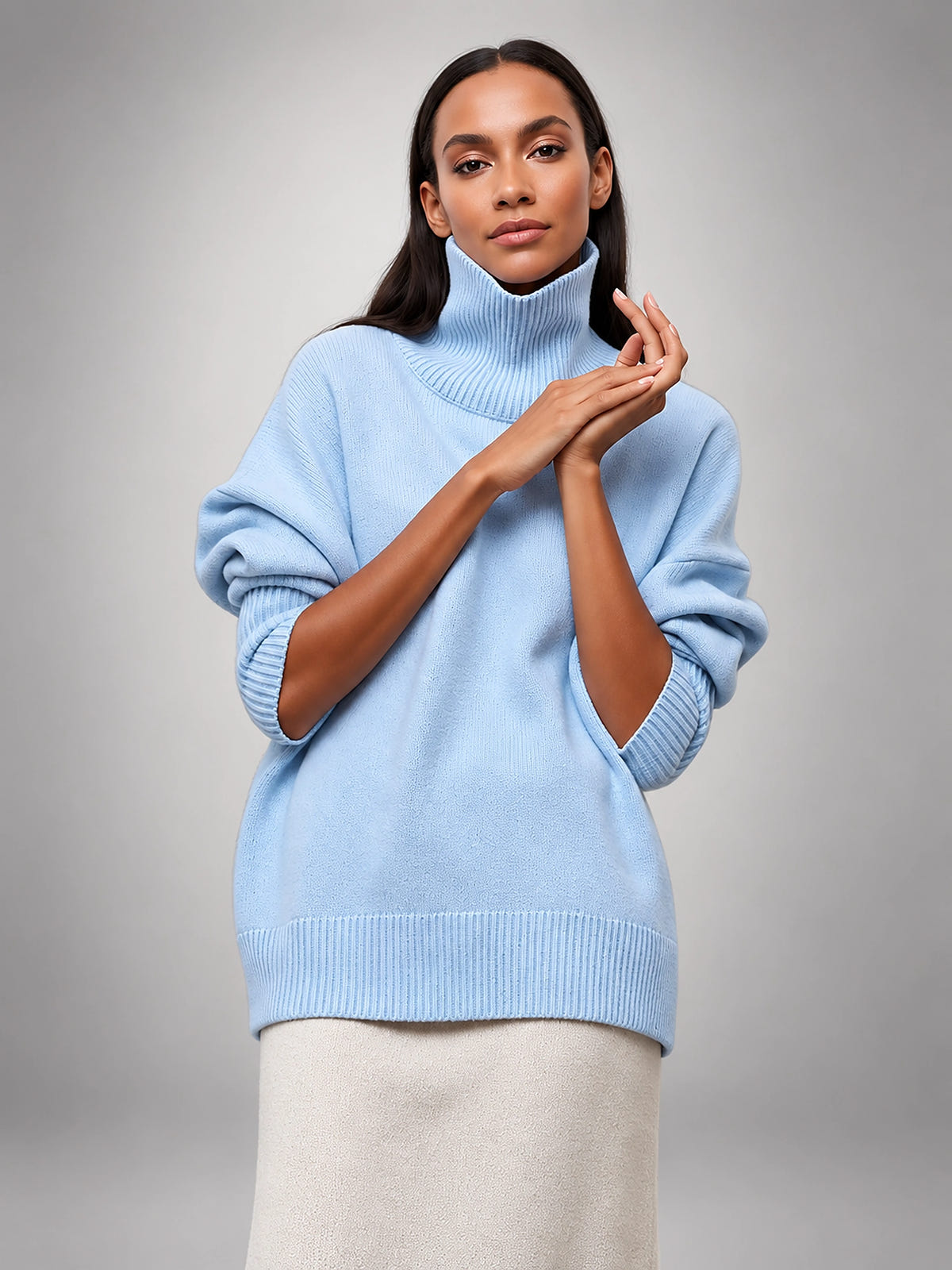 Women's Oversized Turtleneck Sweater – Relaxed Layering Knit - Blue